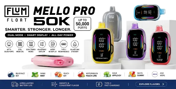 Flum Float Mello Pro 50K Disposable Vape – Rechargeable, Dual Mesh Coil, 17 Flavors, 5% Nic, 21+