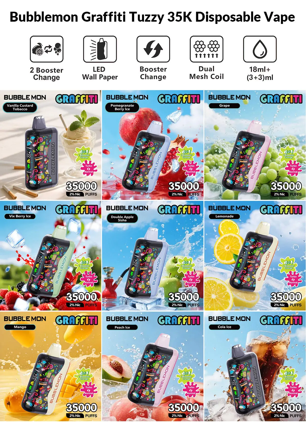 Bubblemon Graffiti Tuzzy 35K Disposable Vape – 35,000 Puffs, Rechargeable, 15 Flavors, 2% Nic, 21+