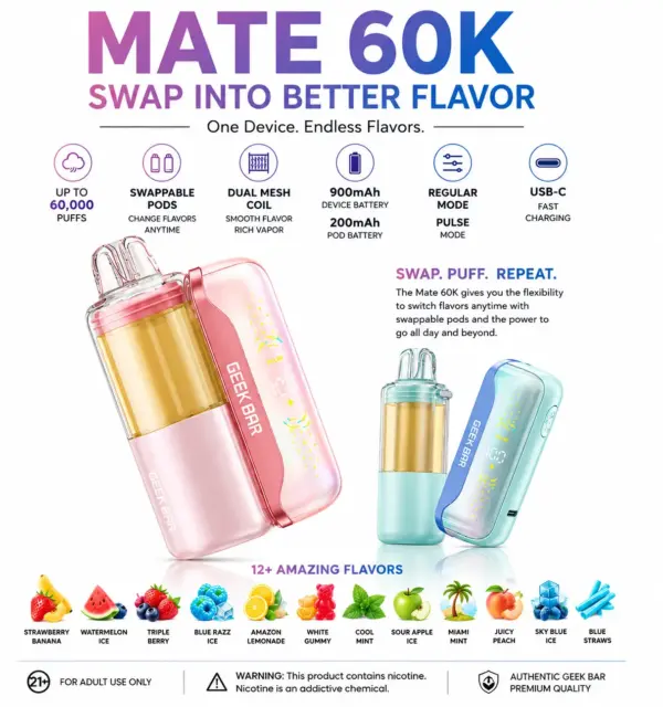 Geek Bar Mate 60K Pod System Vape | Rechargeable 60K Puff Device & Pods
