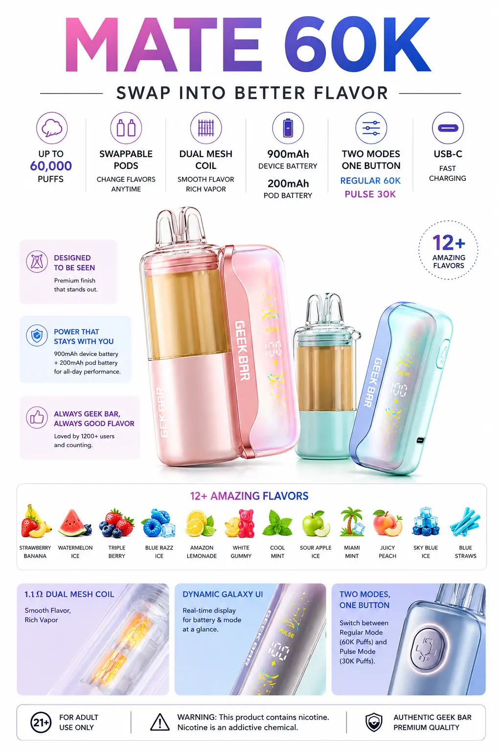 Geek Bar Mate 60K Pod System Vape | Rechargeable 60K Puff Device & Pods
