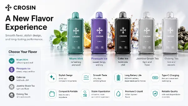 CROSIN 40K Puffs Rechargeable Disposable Vape – Dual Mesh Coil, 5 Flavors, 21+
