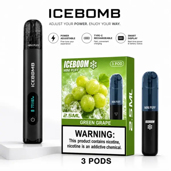 ICEBOMB Pod Vape Kit – Rechargeable Device + ICEBOOM Mini Puff Pods, 27 Flavors, 3% Nic, Type-C