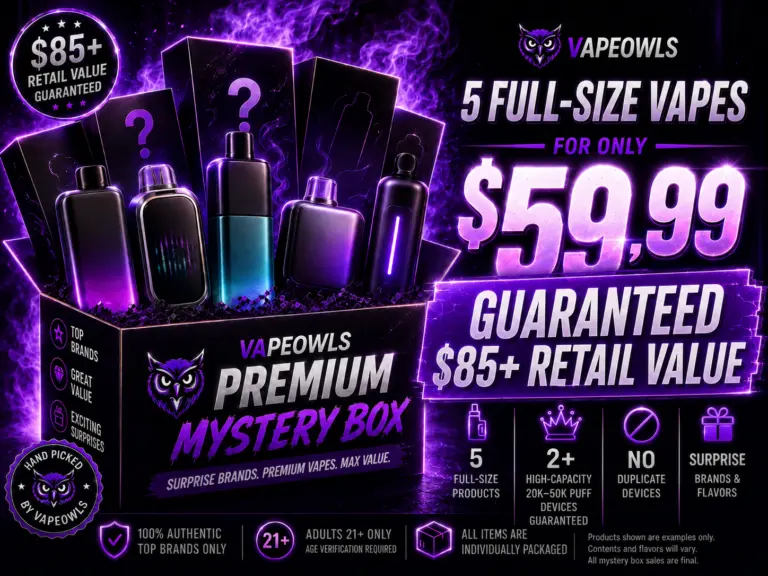 Owl Mystery Box – 5 full-size vapes, $85+ retail value for $59.99