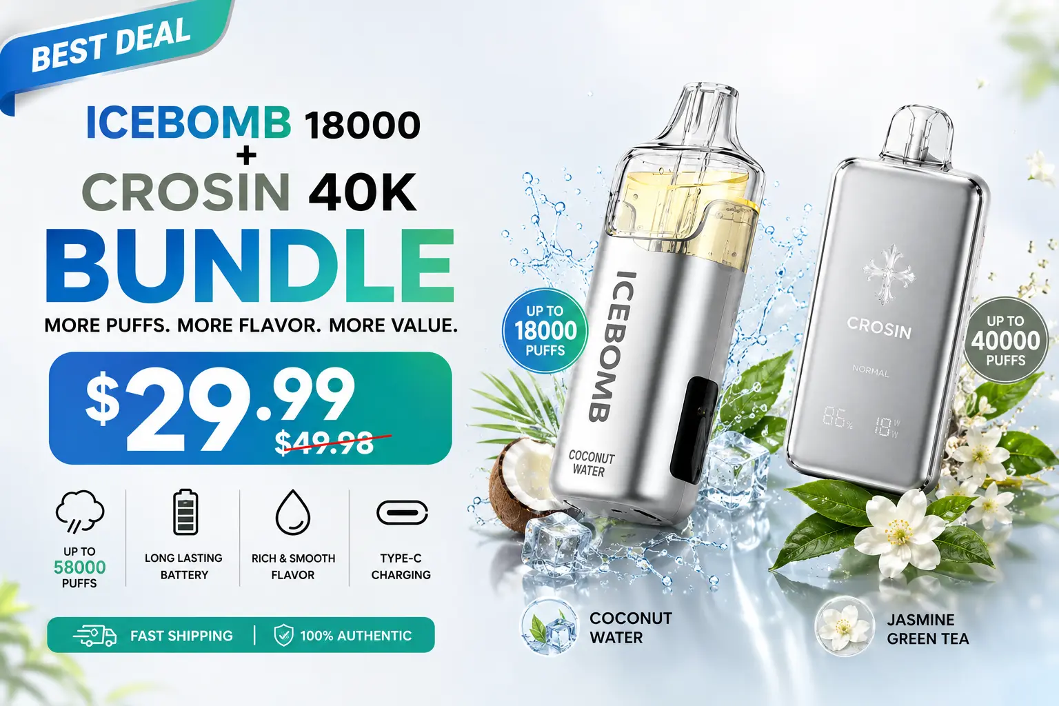 IceBomb 18000 + Crosin 40K Bundle – 58K Puffs, Rechargeable Disposable Vape 2-Pack | $29.99, 21+
