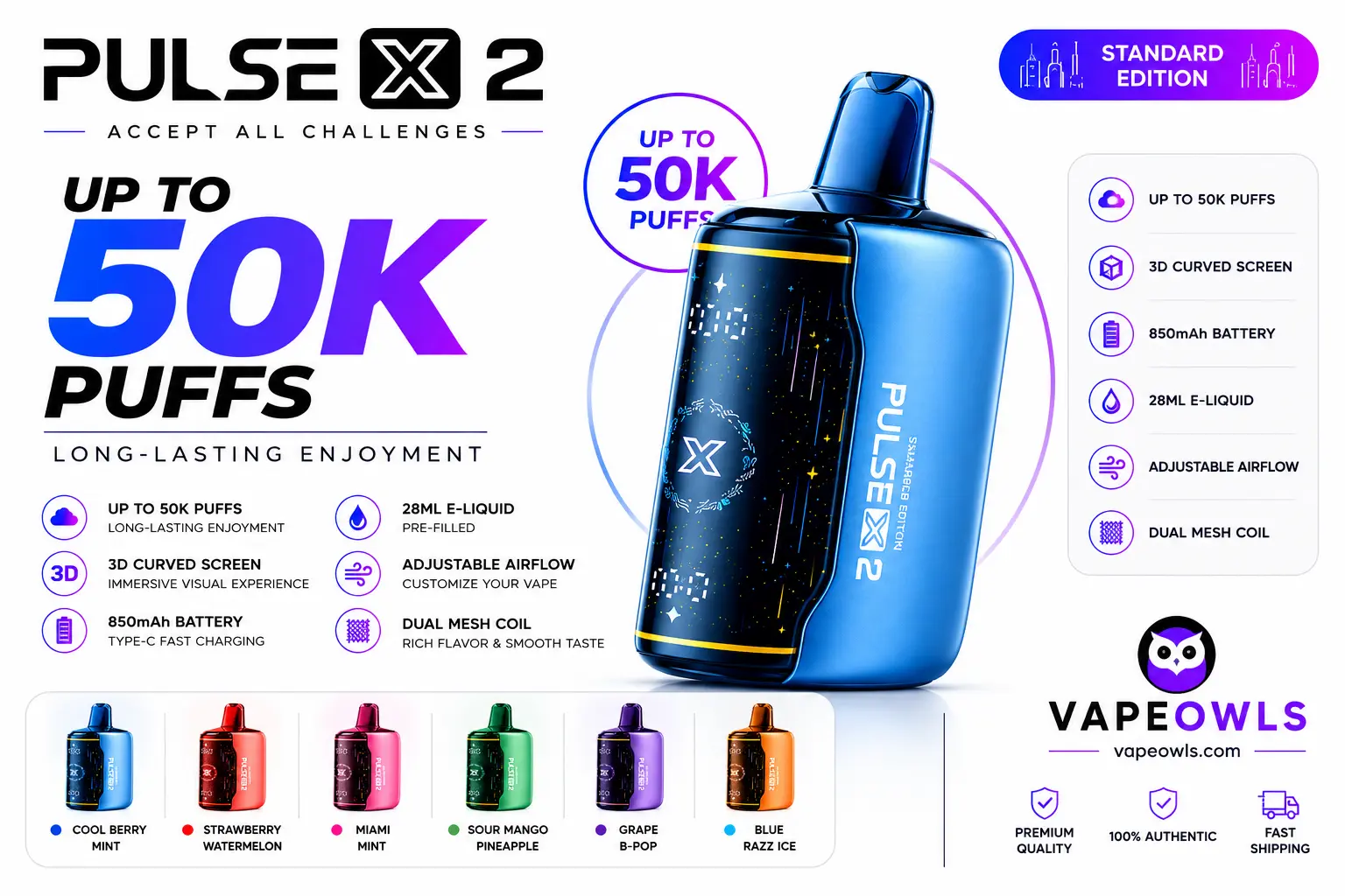 Geek Bar Pulse X2 50K Disposable Vape – 50,000 Puffs, 18 Flavors, USB-C, 21+
