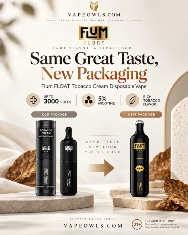 Flum FLOAT Tobacco Cream disposable vape — old Flum Gio packaging next to the new Flum FLOAT packaging, up to 3000 puffs, 5% nicotine, rich tobacco flavor