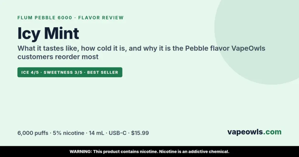 Flum Pebble Icy Mint flavor review: 6,000 puffs, 5% nicotine, $15.99 at VapeOwls, best-selling Pebble flavor