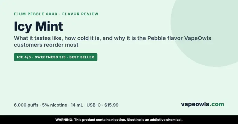 Flum Pebble Icy Mint flavor review: 6,000 puffs, 5% nicotine, $15.99 at VapeOwls, best-selling Pebble flavor