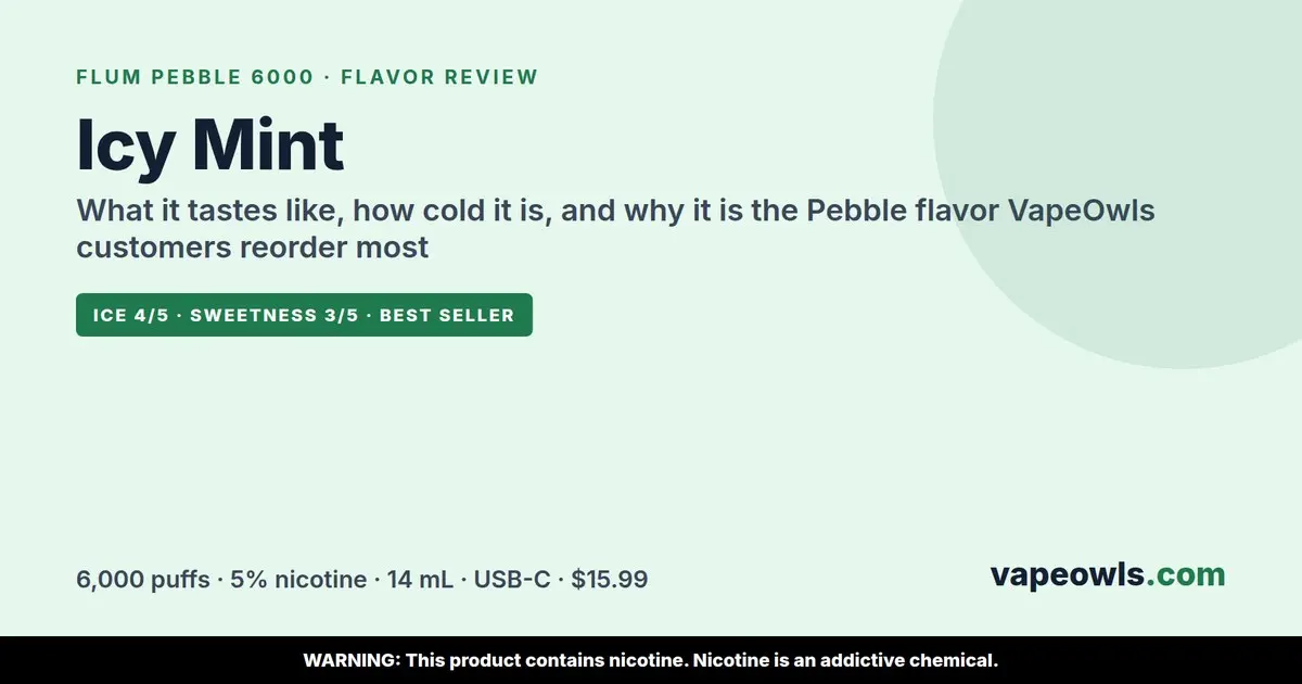 Flum Pebble Icy Mint flavor review: 6,000 puffs, 5% nicotine, $15.99 at VapeOwls, best-selling Pebble flavor