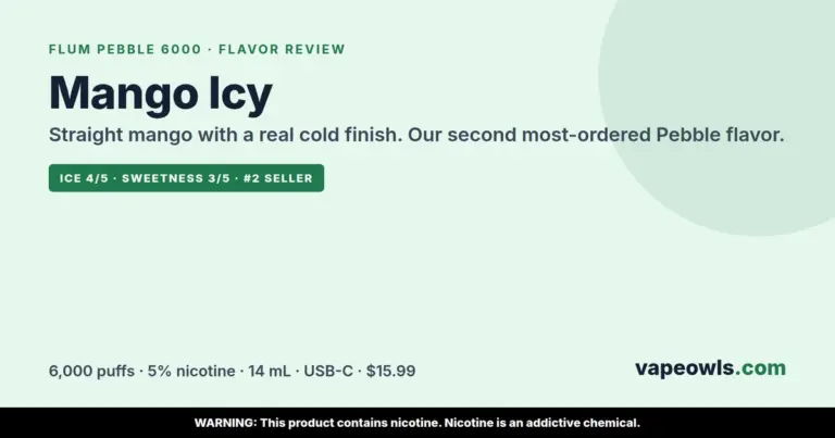 Flum Pebble Mango Icy flavor review: 6,000 puffs, 5% nicotine, $15.99 at VapeOwls, second most-ordered Pebble flavor
