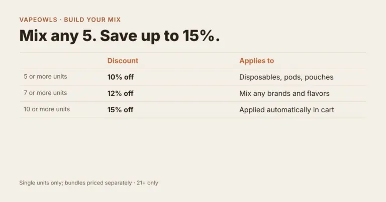 Build Your Mix at VapeOwls: 10% off 5, 12% off 7, 15% off 10 single units