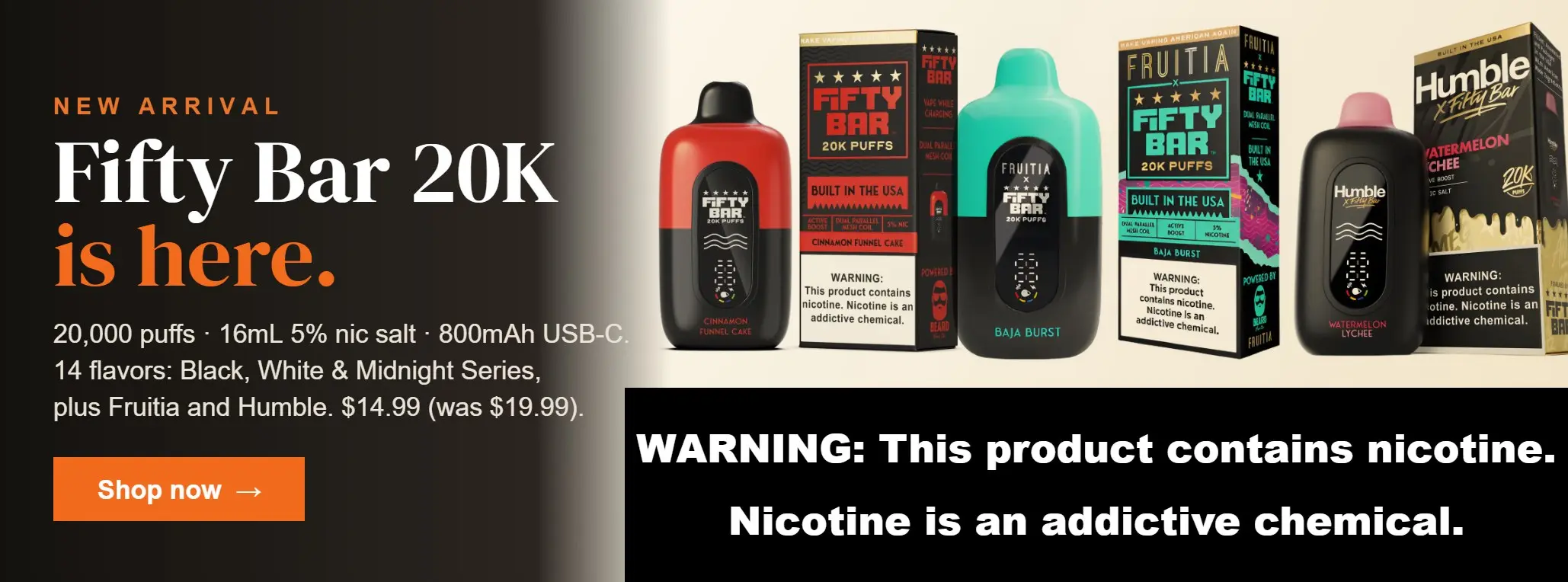 New arrival: Fifty Bar 20K disposable vape, 14 flavors, $14.99 at VapeOwls